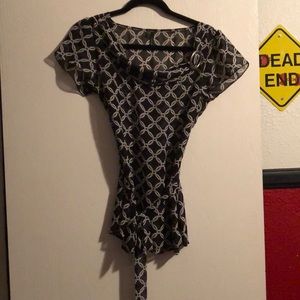 Black Short Sleeve Sheer Belted Blouse